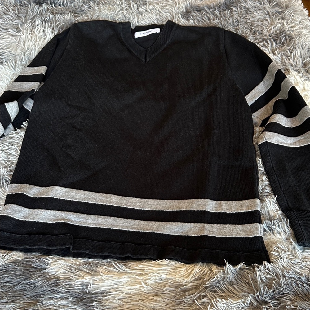 Authentic Givenchy Black and Gray V-Neck Sweater with Striped Sleeves